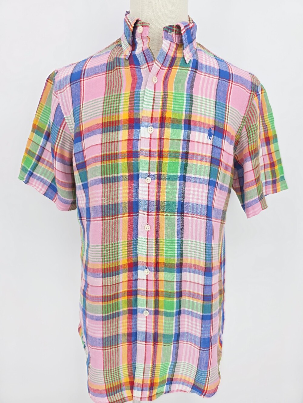 Polo Ralph Lauren 100% Linen Plaid Button Front Shirt Pink Blue M